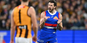 Marcus Bontempelli of the Bulldogs celebrates kicking a goal.