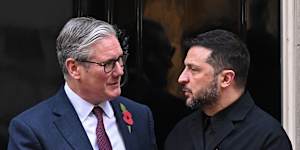 British Prime Minister Keir Starmer greets Ukranian President Volodymyr Zelensky ahead of the “Coalition Of The Willing Meeting” at 10 Downing Street.