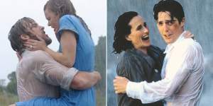 Ryan Gosling and Rachel McAdams in The Notebook and Andie MacDowell with Hugh Grant in Four Weddings and a Funeral.