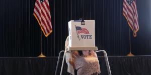 A voter works on her ballot at a polling place at the Ronald Reagan Presidential Library,Simi Valley,California.