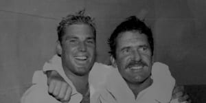 Shane Warne with skipper Allan Border after defeating West Indies at the MCG on December 30,1992.