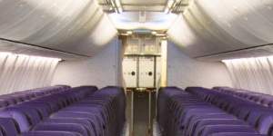The economy class cabin on board Virgin’s Boeing 737.