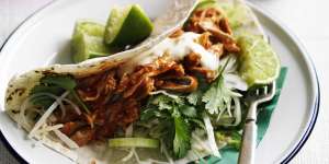Taco with aromatic salad,mayonaise and chicken adobo.