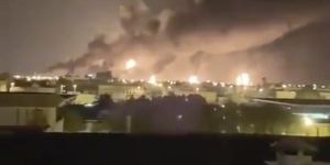 Smoke fills the sky at the Abqaiq oil processing facility in Saudi Arabia on Saturday.