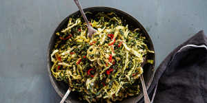 Vegan-friendly cabbage,kale and chilli slaw.