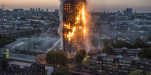 London's Grenfell tower burns in June 2017. 