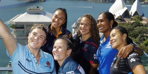 Super W captains at the 2023 season launch. Front row (L-R):Piper Duck (NSW Waratahs),and Shannon Parry (QLD Reds). Back row (L-R):Siokapesi Palu (ACT Brumbies),Ash Marsters (Melbourne Rebels),Bitila Tawake (Fijiana Drua) and Trilleen Pomare (Western Force).