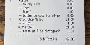 Receipt from Marnie Vinall’s lunch with Jakara Anthony at Mammoth Cafe,Armadale