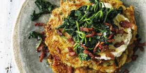 Potato roesti topped with spinach,blue cheese sour cream and bacon.