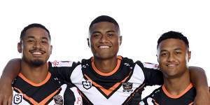 The Fainu brothers,(from left to right) Sione,Samuella and Latug all dream of playing together at Wests Tigers. Latu will make his NRL debut alongside Samuela in round four,2024. 