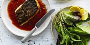 Neil Perry's crisp skin blue-eye with roast tomato and green olive sauce.