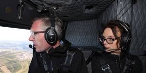 NSW Premier Dominic Perrottet surveys the floods in the Hunter Region in a helicopter on Friday morning with Minister for Emergency Services and Resilience and Minister for Flood Recovery Steph Cooke.