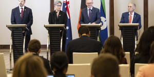 Industry and Science Minister Ed Husic,Foreign Affairs Minister Penny Wong,Prime Minister Anthony Albanese and Trade and Tourism Minister Don Farrell.
