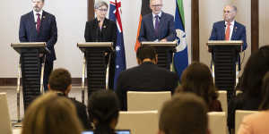 Industry and Science Minister Ed Husic,Foreign Affairs Minister Penny Wong,Prime Minister Anthony Albanese and Trade and Tourism Minister Don Farrell during a press conference in Jakarta on Monday.