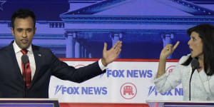 Businessman Vivek Ramaswamy and former UN ambassador Nikki Haley go for it during the first Republican presidential primary debate hosted by Fox News.
