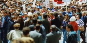Workers protest against Kennett government industrial changes in 1992.