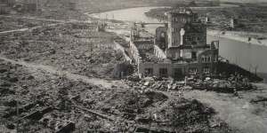 "Sixty per cent of the city,which is bigger than Brisbane,was completely destroyed."The former Hiroshima Prefectural Industrial Promotion Hall after the explosion of August 6,1945.