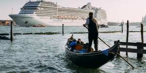 Swamped … a cruise ship in Venice.