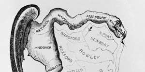 An 1812 cartoon shows the twisted boundaries of a Massachusetts electoral district said to resemble a salamander. The Gerry comes from a politician who approved the boundary changes. 