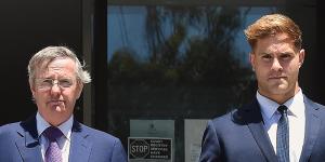 Jack de Belin (right) leaves court next to his barrister David Campbell SC.