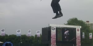 Boris Johnson dangles on a zipline over crowds in London during the 2012 Olympic Games.