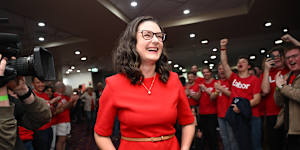 Katelin McInerney celebrates her win for Labor in the Kiama by-election,at the Albion Park Bowling Club.