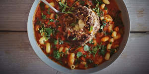 Minestrone with cheese-stuffed meatball.