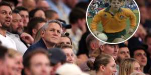 Peter Jorgensen watching his son play at Allianz Stadium,and (inset) on debut for the Wallabies against Scotland at the same ground in 1992.