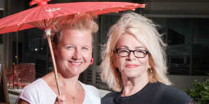 Sex worker advocates Julie Bates AO,right,and Catherine Freyne at the Yurong St,Darlinghurst site where Joy once stood.