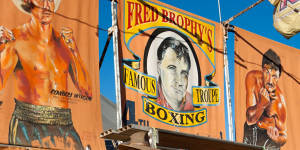 Fred Brophy with Australia's last boxing tent,at the Mount Isa rodeo.
