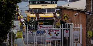 The Pemulwuy ferry is tied up at the Balmain shipyard on Wednesday after suffering a steering failure.