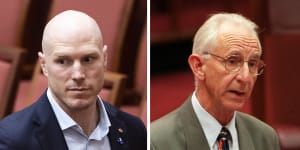 David Pocock (left) has emerged as a crossbench powerbroker in the Senate,like Brian Harradine (right) before him.