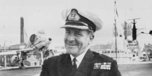 Commodore Ross Swan stands on the flight deck of HMAS Melbourne,the Australian aircraft carrier in Portsmouth for the Jubilee fleet review,in 1977.