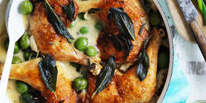 Chicken with olives and sage.