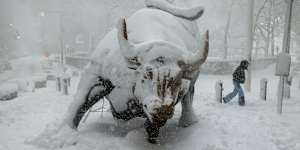 Snow covers the famous Charging Bull.