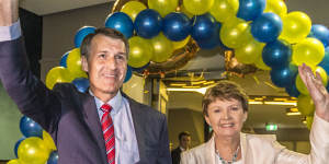 Lord Mayor Graham Quirk,pictured with his wife,Anne,led the LNP to a record Brisbane City Council victory on Saturday.