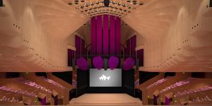 A render of the completed renovation of the Concert Hall at the Sydney Opera House. 