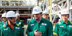 Anthony Albanese last week touring Jurong Island,Singapore’s oil hub. 