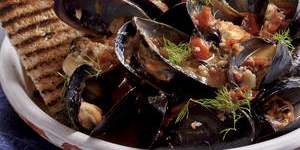 Karen Martini's mussels fried with tomato,black pepper and fennel seeds.