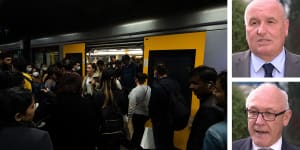 Left:Sydney commuters struggling to get home on Wednesday due to major industrial action. Right:Transport Minister David Elliott and Employee Relations Minister Damien Tudehope.