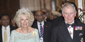 Camilla wears the Grevillle Tiara on a visit to Sri Lanka.
