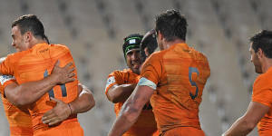 The Jaguares celebrate a win over the Chiefs in 2018.