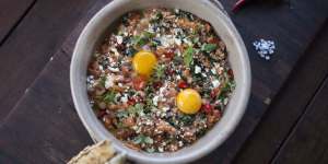Menemen:eggs mixed with tomatoes,baby spinach,feta and optional chilli.