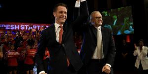 NSW Labor Leader Chris Minns with Prime Minister Anthony Albanese at his campaign launch in Hurstville on March 5.
