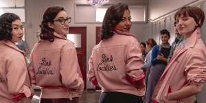 Tricia Fukuhara as Nancy Nakagawa,Marisa Davila as Jane Facciano,Cheyenne Wells as Olivia Valdovinos and Ari Notartomaso as Cynthia Zdunowski in Grease:Rise of the Pink Ladies.