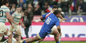 France’s Peato Mauvaka breaks through to score a try.