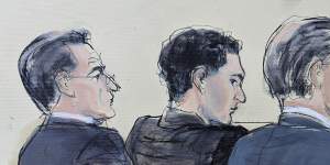 This courtroom sketch shows Samuel Bankman-Fried,centre,flanked by his defence attorneys Christian Everdell,left,and Mark Cohen,right,during the jury selection in his fraud trial.