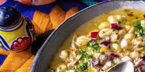 Pozole – based on a broth made with pork or chicken bones,plus blended chillies.