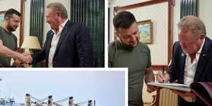 Ukrainian President Volodymyr Zelensky meets with Andrew Forrest in Kyiv. Inset:Brave Commander bulk