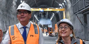 Premier Daniel Andrews and Transport Minister Jacinta Allan inspect works on the Metro Tunnel just before the pandemic. 